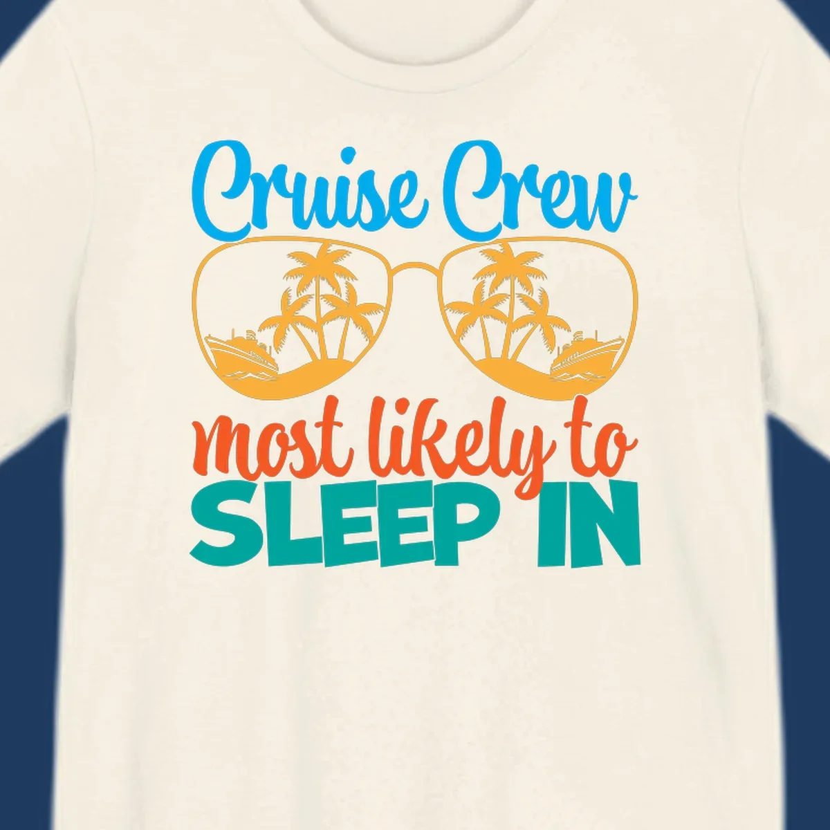 Cruise crew most likely to sleep in design with sunglasses containing palm trees and ships