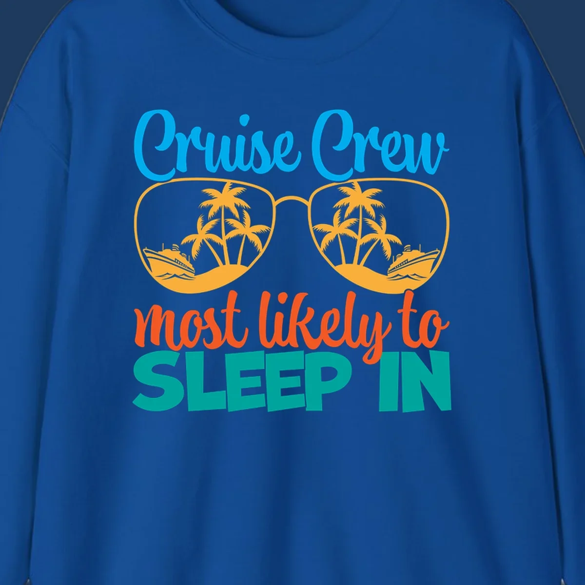 Cruise crew most likely to sleep in design with sunglasses containing palm trees and ships