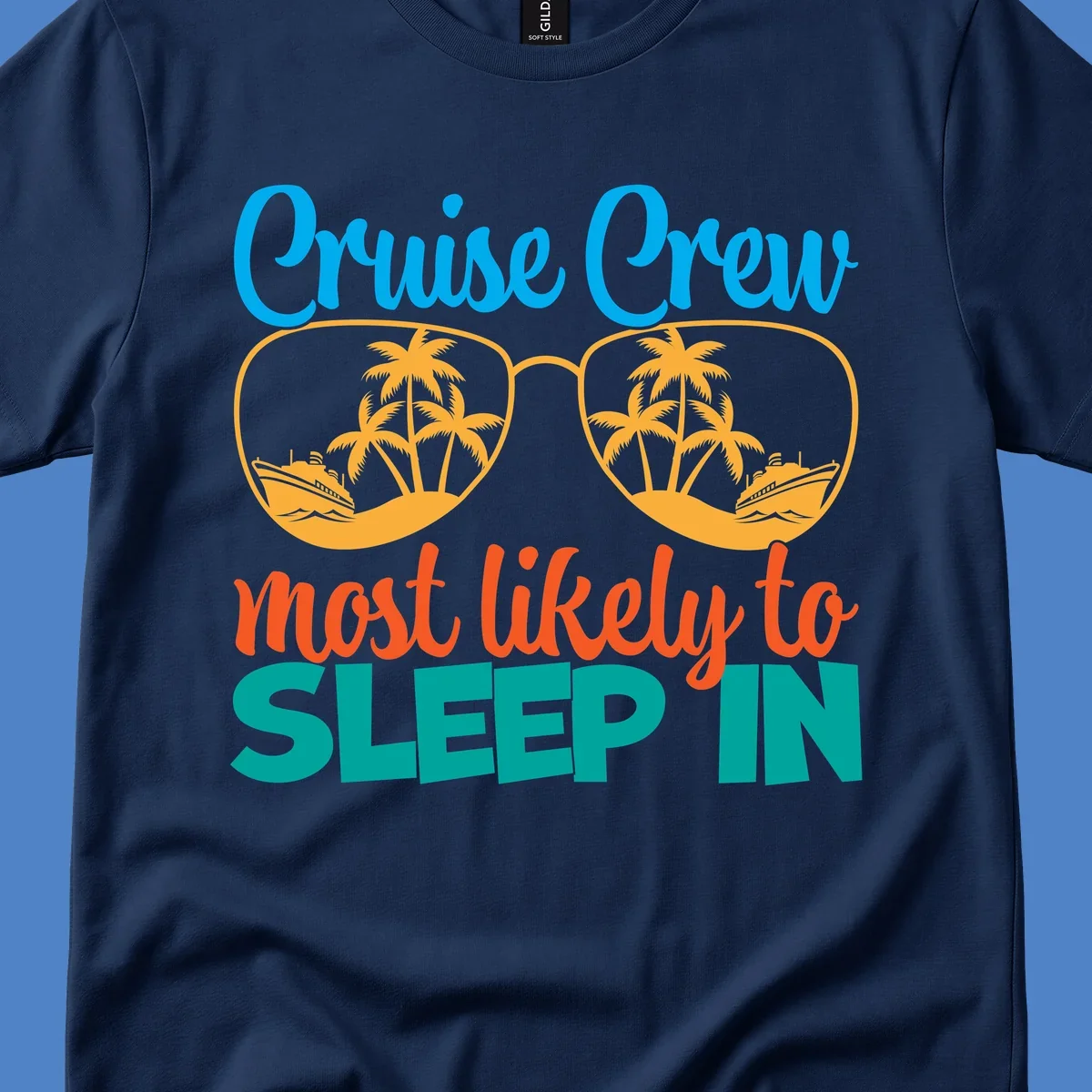 Cruise crew most likely to sleep in design with sunglasses containing palm trees and ships