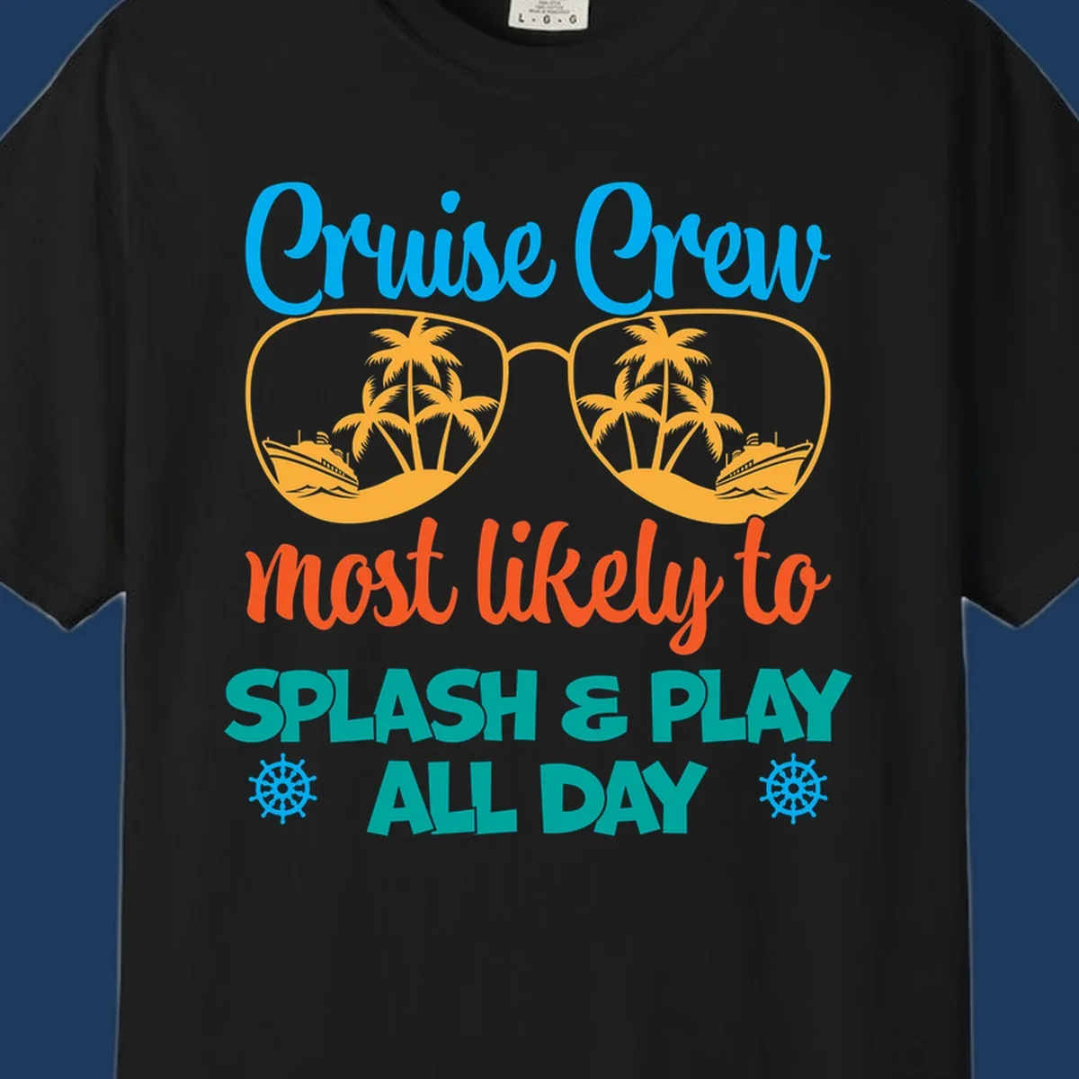 Cruise crew splash and play design: sunglasses with tropical islands and ships inside, playful text, ship wheels, colorful vacation theme