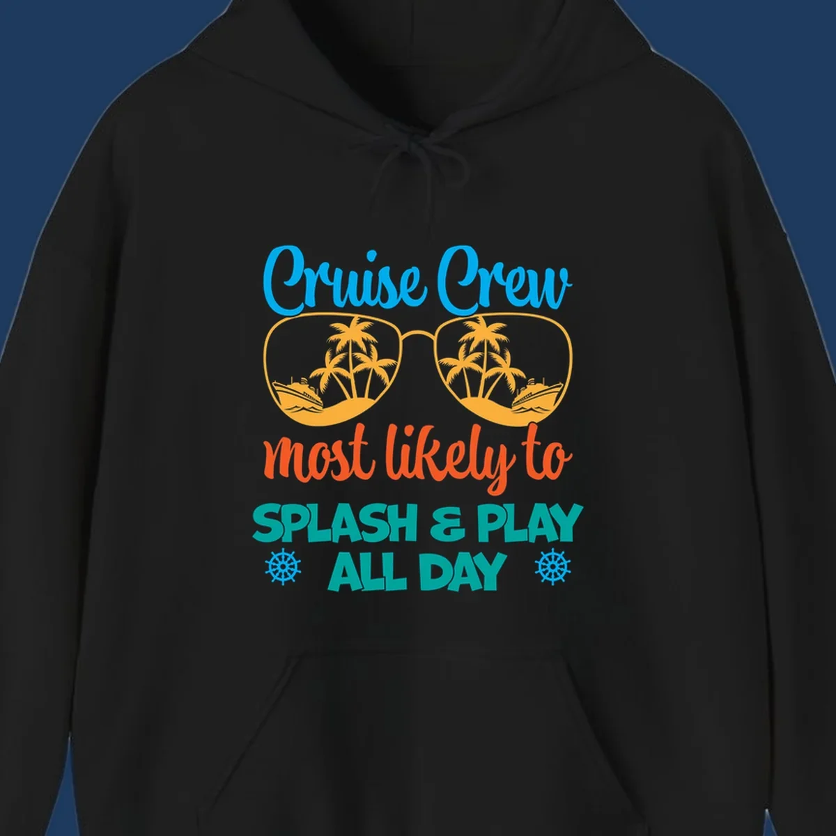 Cruise crew splash and play design: sunglasses with tropical islands and ships inside, playful text, ship wheels, colorful vacation theme