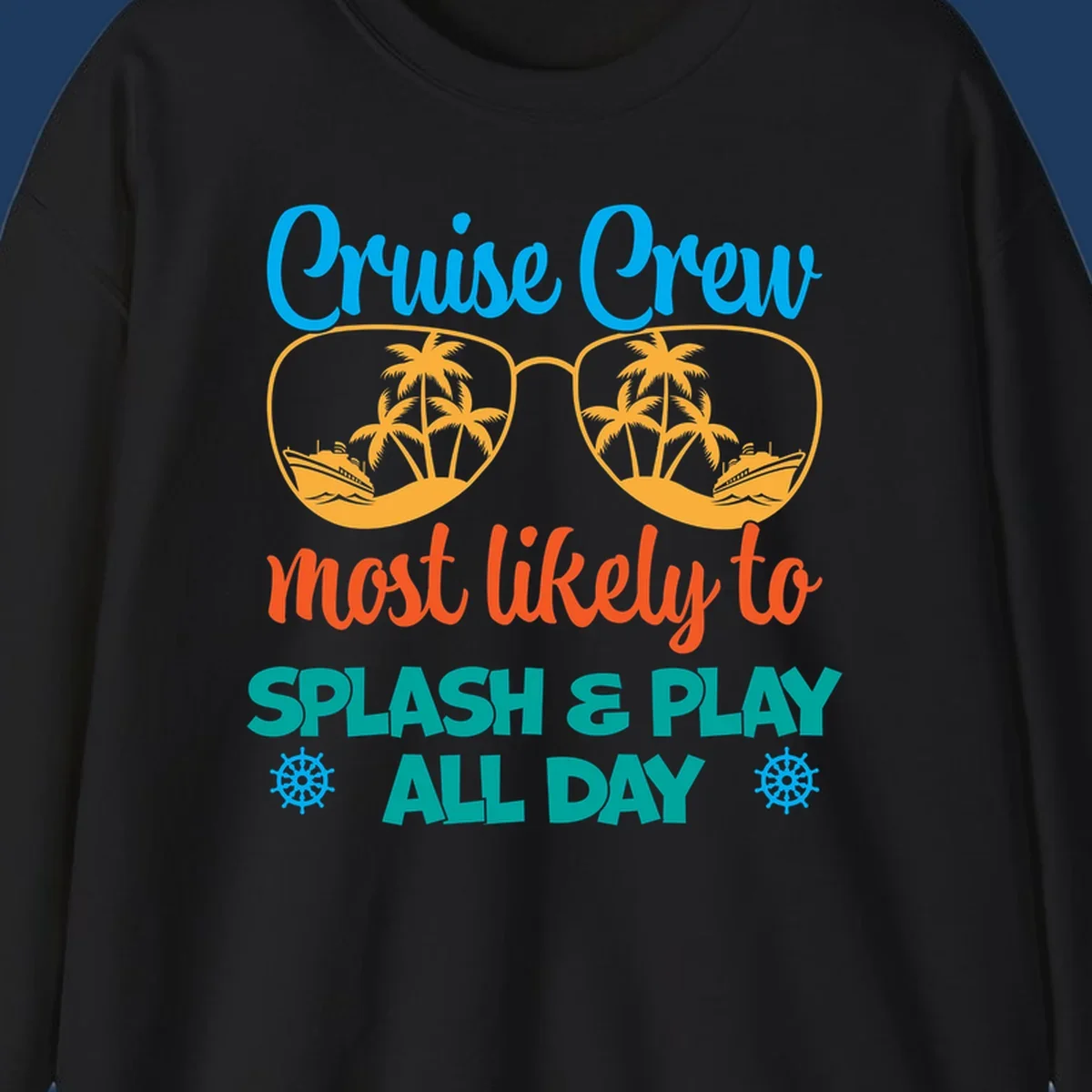 Cruise crew splash and play design: sunglasses with tropical islands and ships inside, playful text, ship wheels, colorful vacation theme