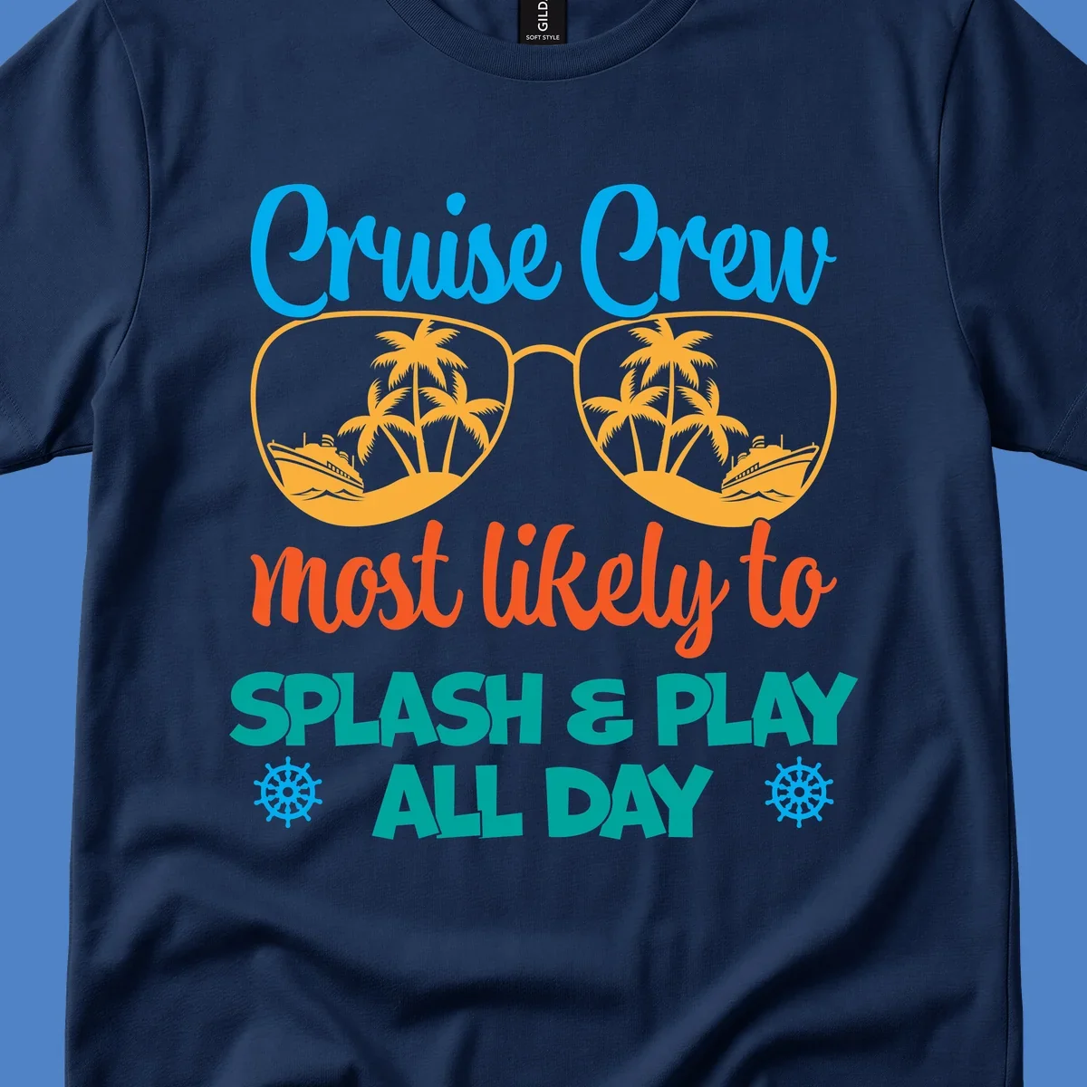 Cruise crew splash and play design: sunglasses with tropical islands and ships inside, playful text, ship wheels, colorful vacation theme