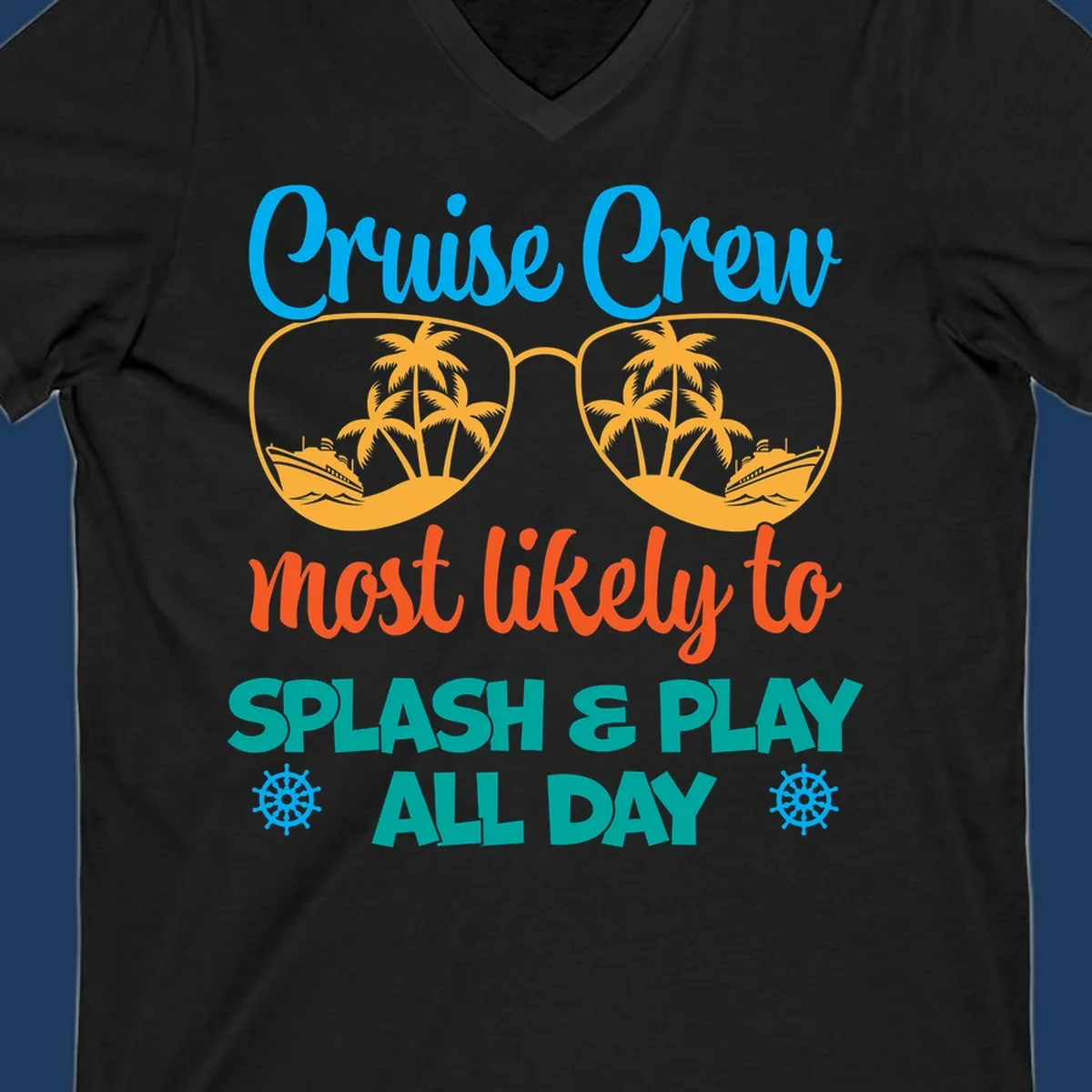 Cruise crew splash and play design: sunglasses with tropical islands and ships inside, playful text, ship wheels, colorful vacation theme