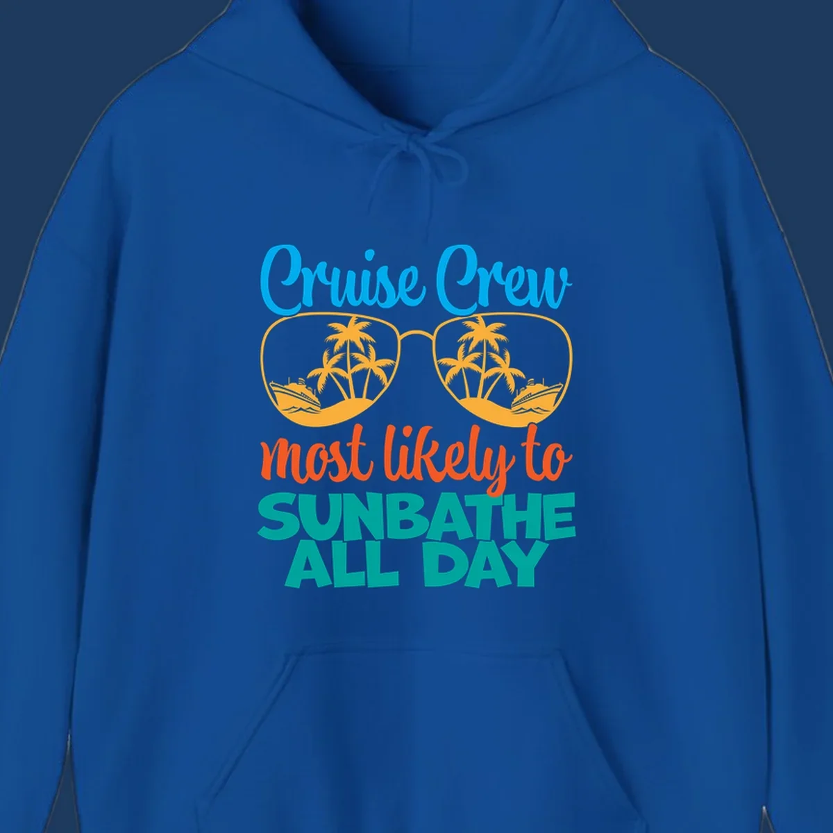 Cruise crew sunbathe design: oversized sunglasses with palm trees and ships inside lenses, colorful text above and below