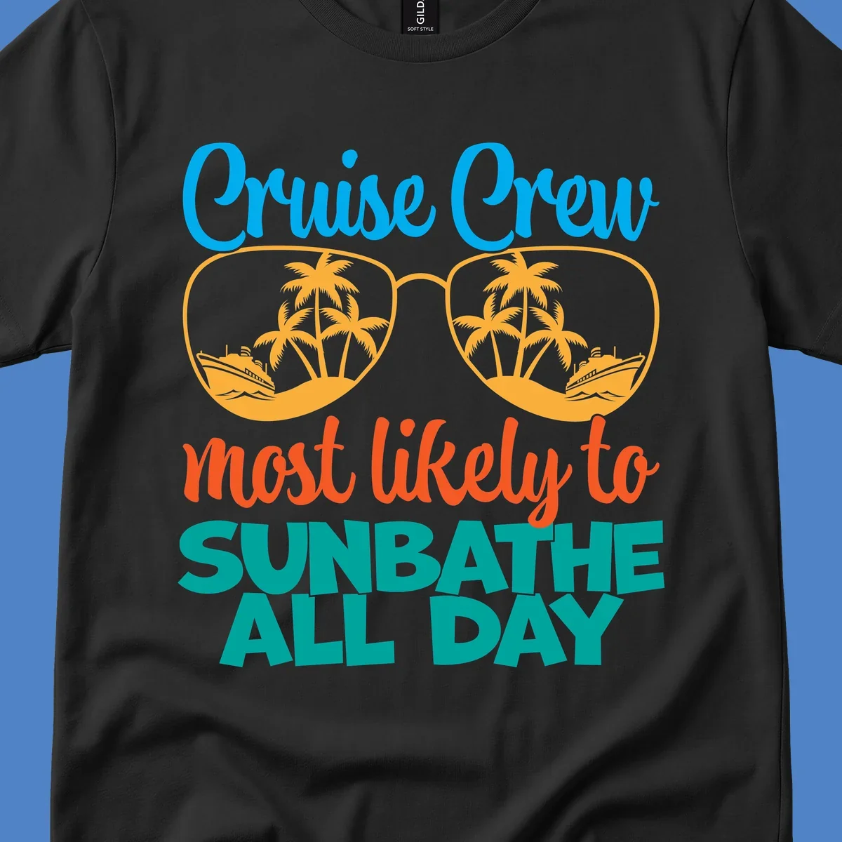 Cruise crew sunbathe design: oversized sunglasses with palm trees and ships inside lenses, colorful text above and below