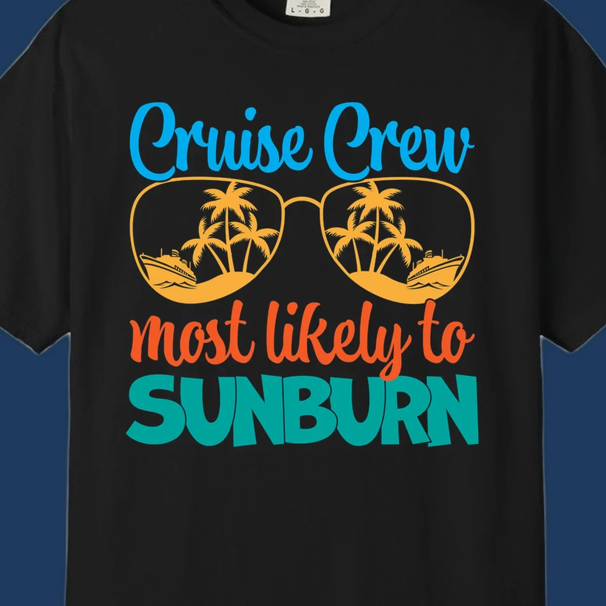 Cruise crew sunburn humor design with sunglasses containing palm trees and ships, tropical vacation tee artwork