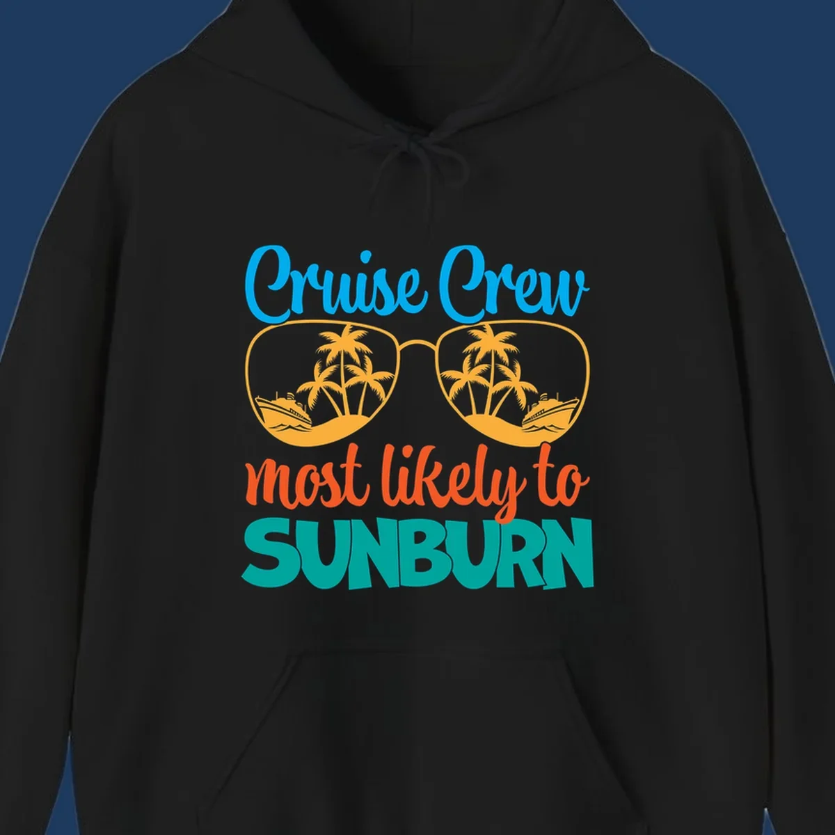 Cruise crew sunburn humor design with sunglasses containing palm trees and ships, tropical vacation tee artwork
