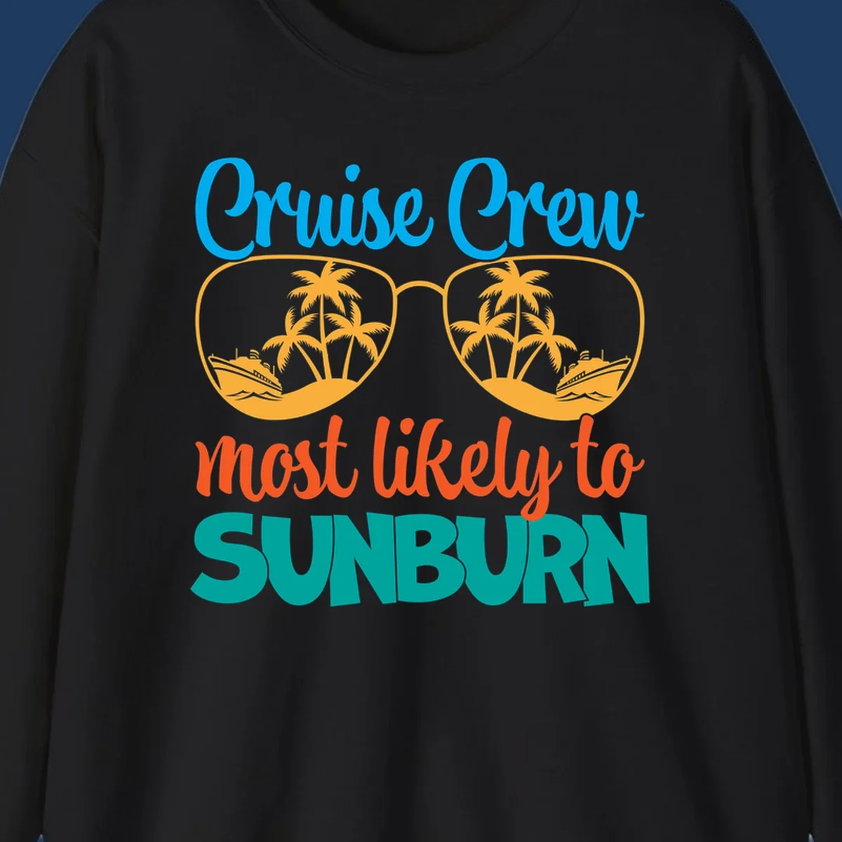 Cruise crew sunburn humor design with sunglasses containing palm trees and ships, tropical vacation tee artwork
