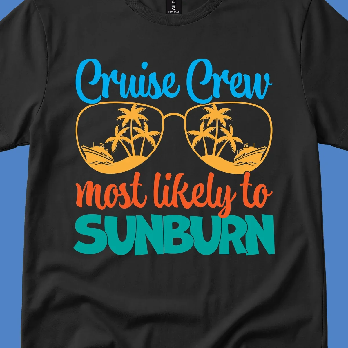 Cruise crew sunburn humor design with sunglasses containing palm trees and ships, tropical vacation tee artwork