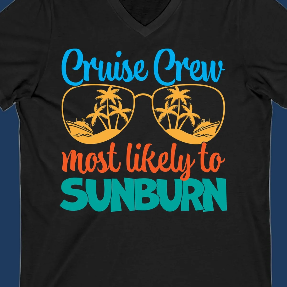 Cruise crew sunburn humor design with sunglasses containing palm trees and ships, tropical vacation tee artwork