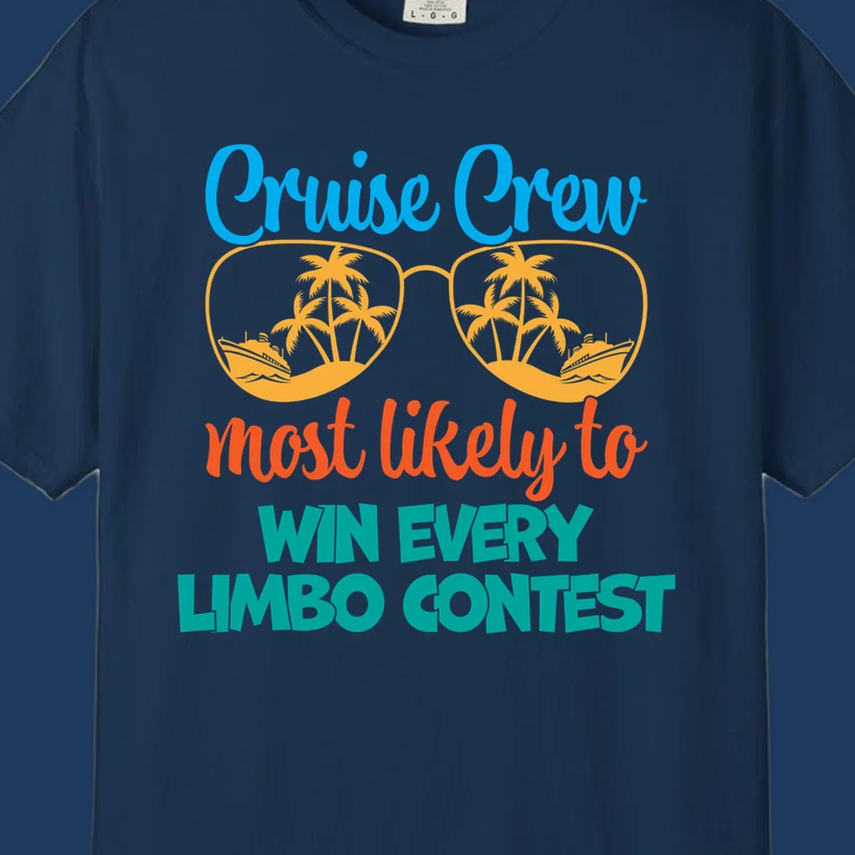 Cruise crew limbo contest design with sunglasses containing palm trees, ships, and waves, bold colorful text