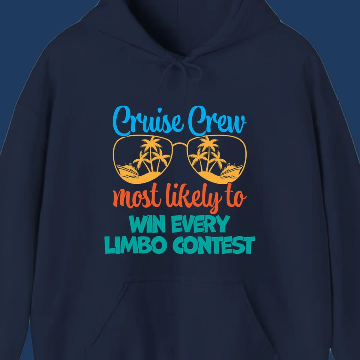 Cruise crew limbo contest design with sunglasses containing palm trees, ships, and waves, bold colorful text