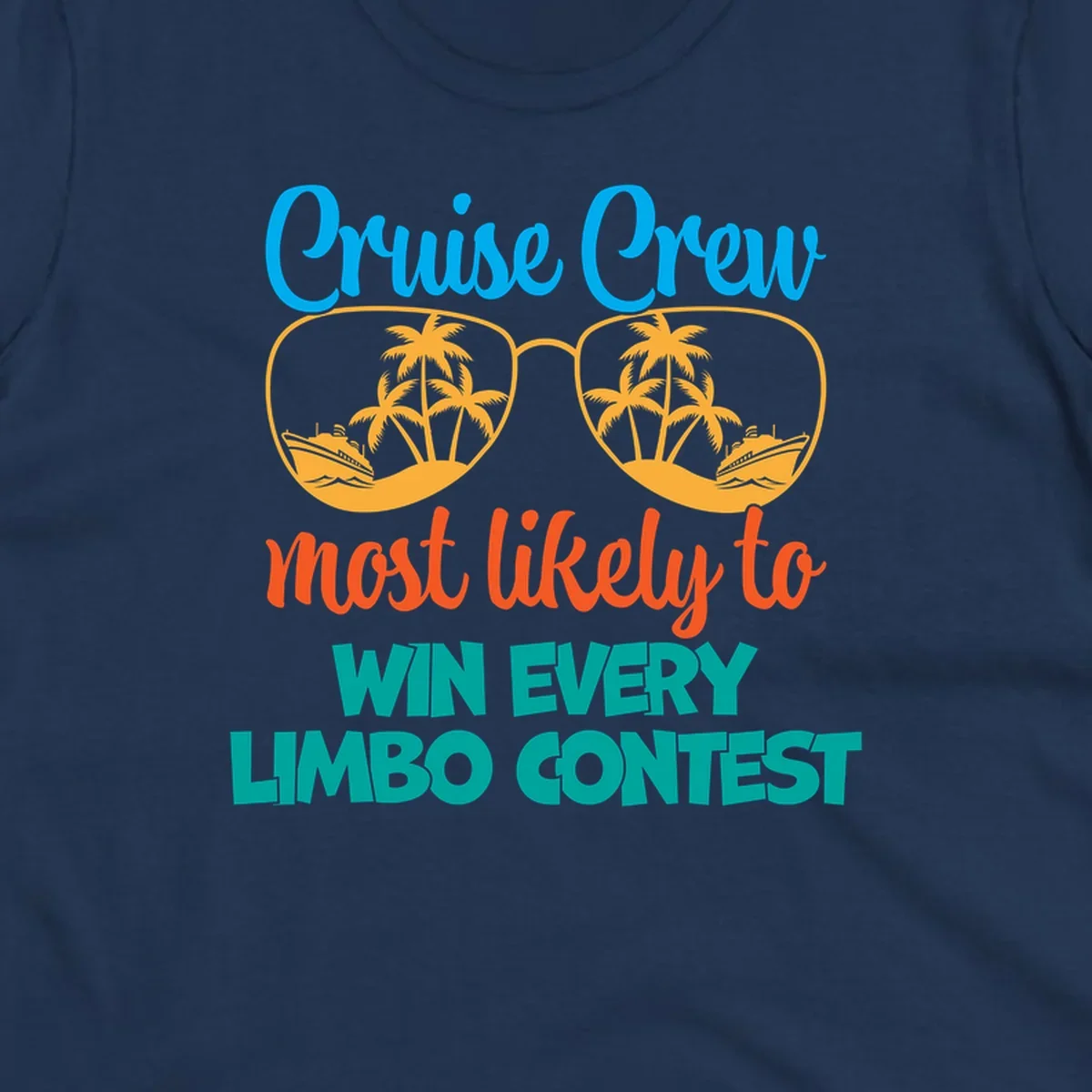 Cruise crew limbo contest design with sunglasses containing palm trees, ships, and waves, bold colorful text
