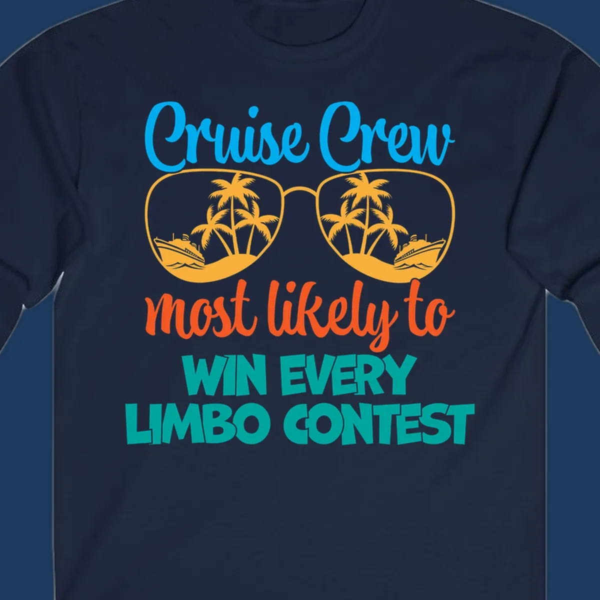 Cruise crew limbo contest design with sunglasses containing palm trees, ships, and waves, bold colorful text