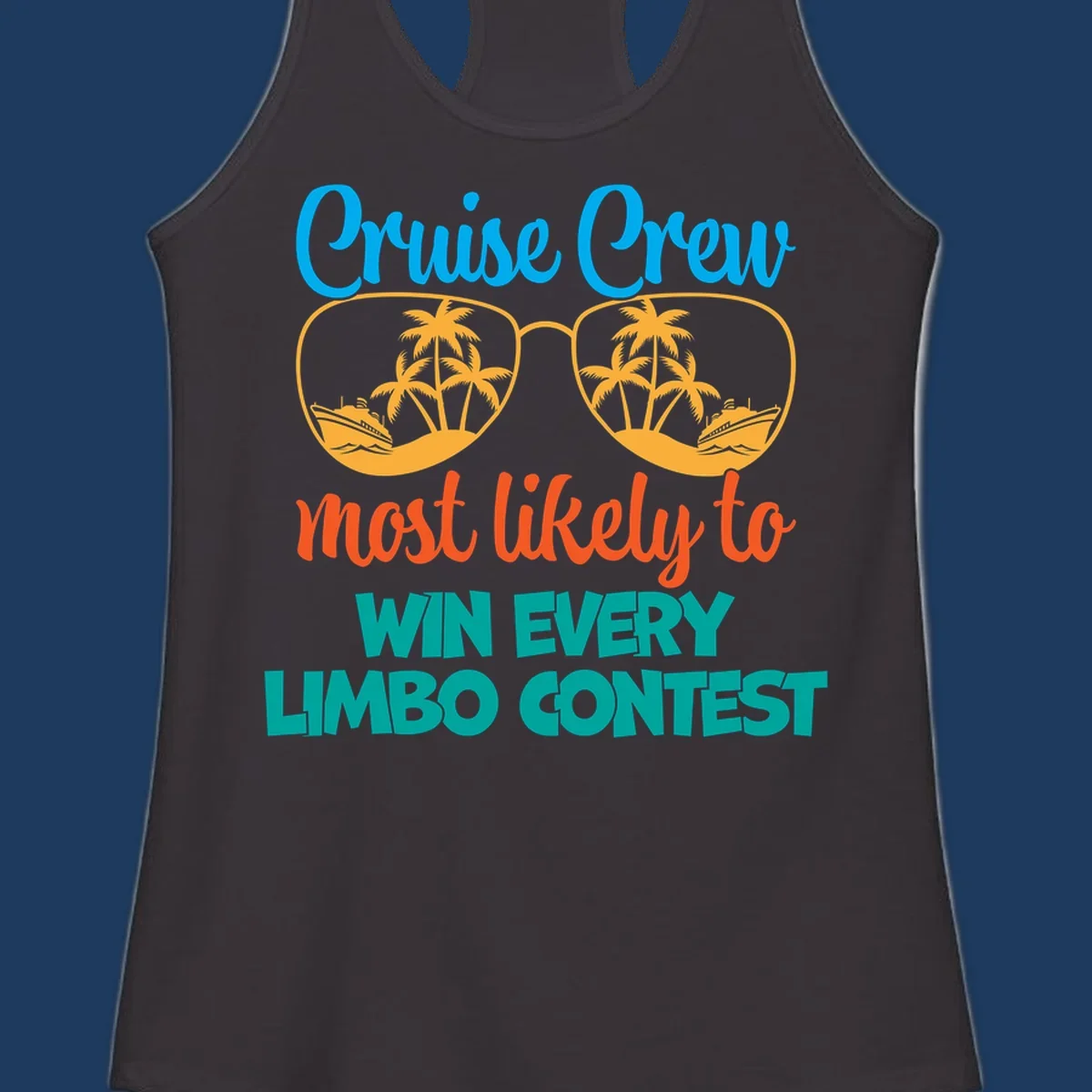 Cruise crew limbo contest design with sunglasses containing palm trees, ships, and waves, bold colorful text