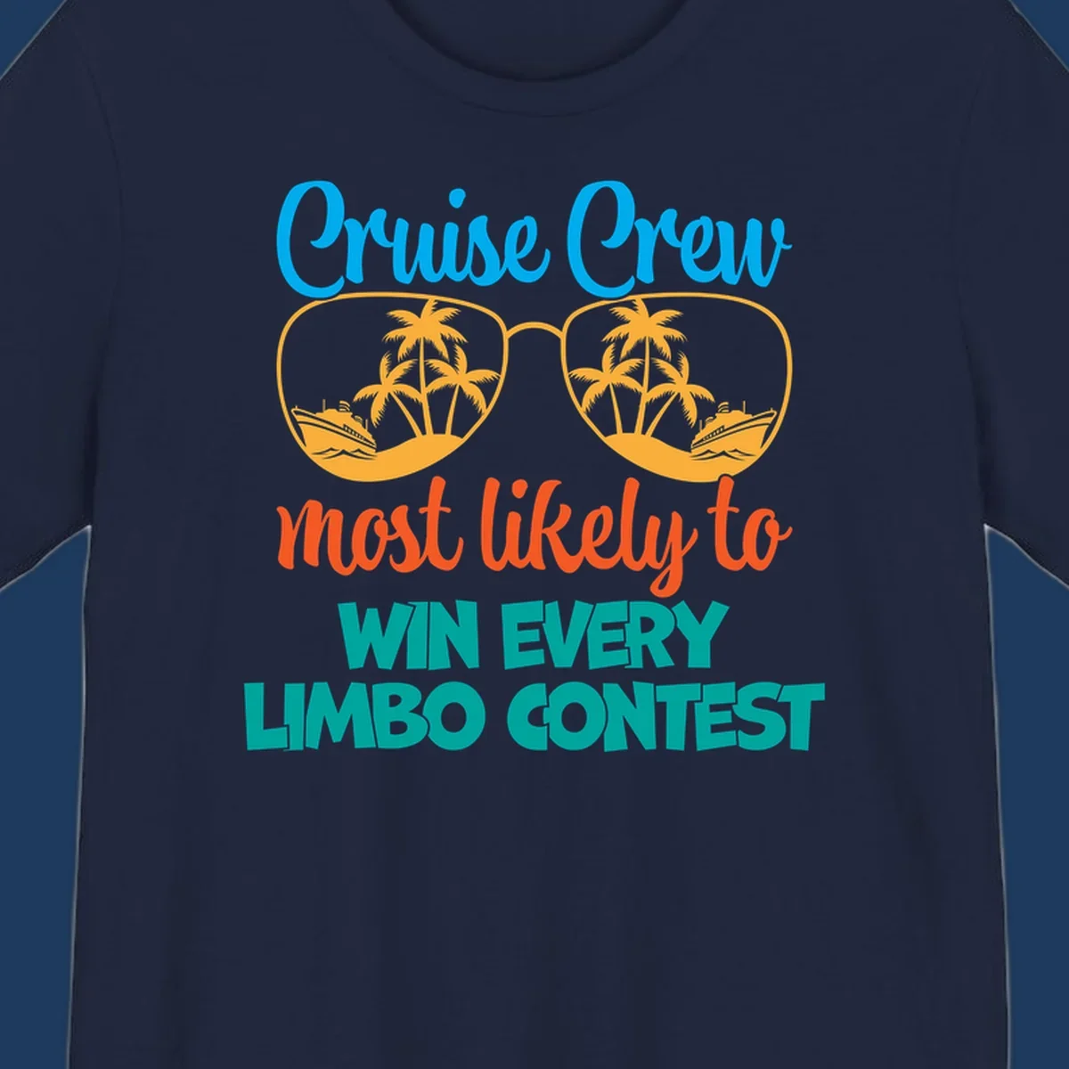 Cruise crew limbo contest design with sunglasses containing palm trees, ships, and waves, bold colorful text