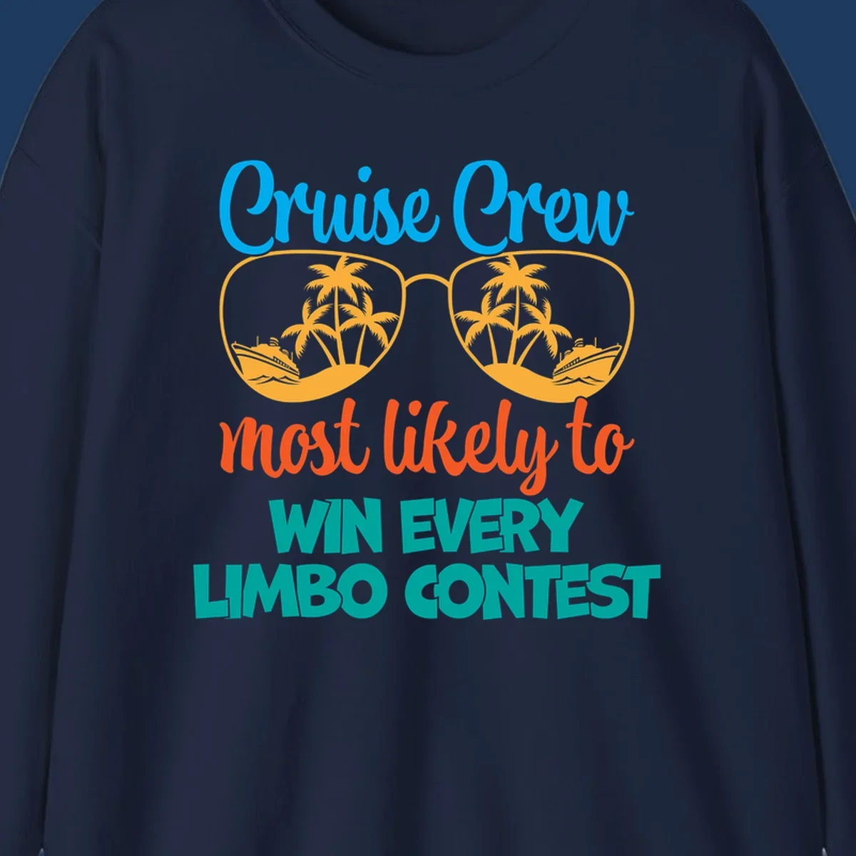 Cruise crew limbo contest design with sunglasses containing palm trees, ships, and waves, bold colorful text