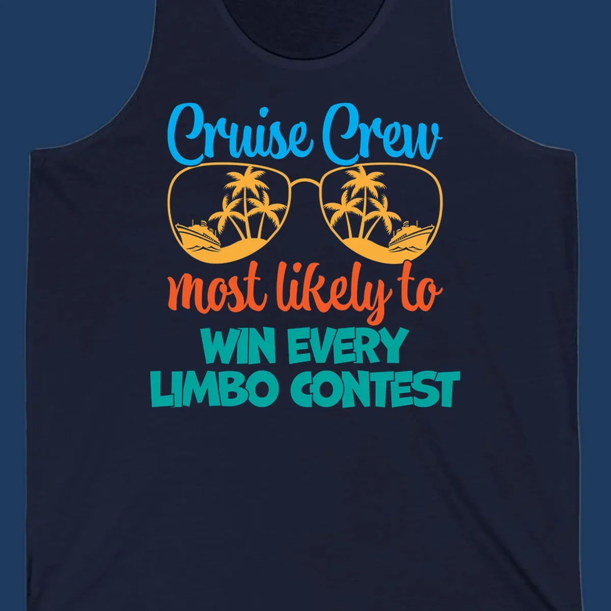 Cruise crew limbo contest design with sunglasses containing palm trees, ships, and waves, bold colorful text