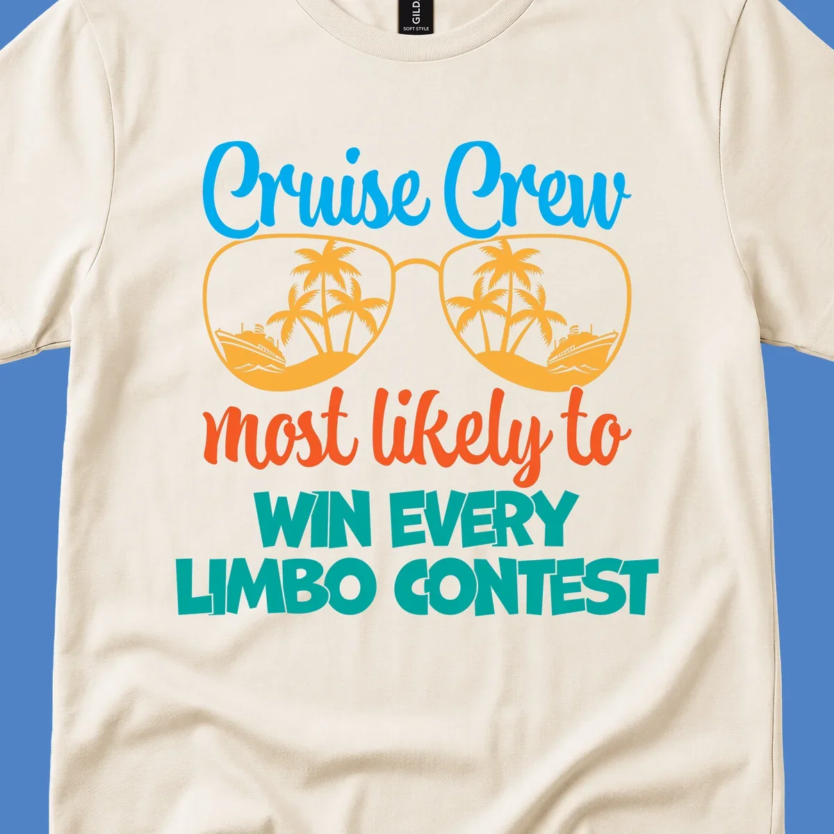 Cruise crew limbo contest design with sunglasses containing palm trees, ships, and waves, bold colorful text