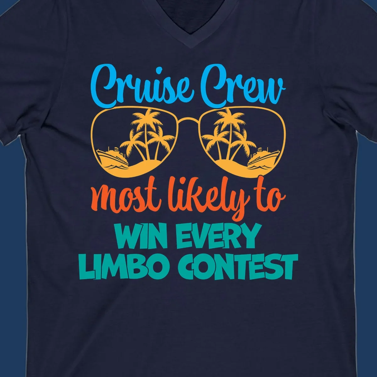 Cruise crew limbo contest design with sunglasses containing palm trees, ships, and waves, bold colorful text