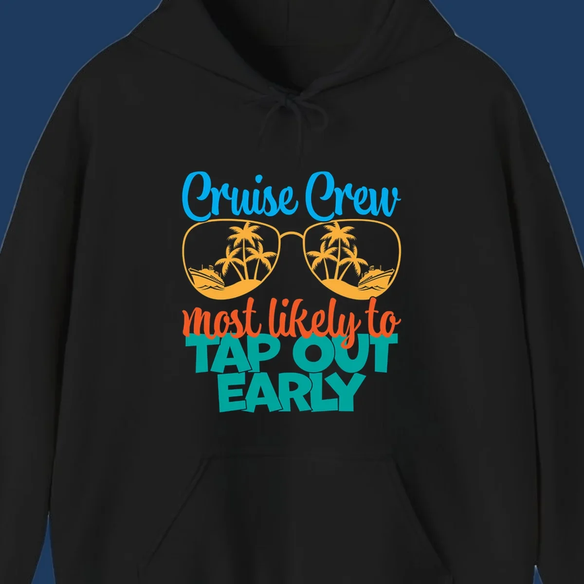 Cruise crew tap out design with sunglasses containing palm trees and ships, blue and orange tropical graphics