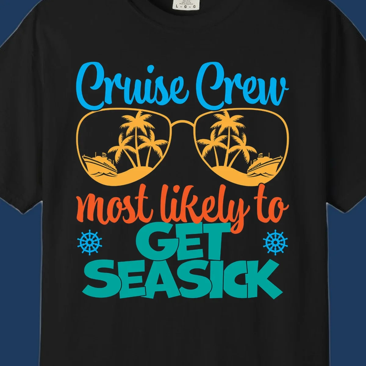 Cruise crew seasick design with sunglasses containing palm trees and ships, tropical nautical humor artwork