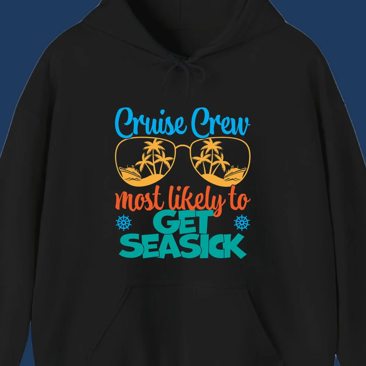 Cruise crew seasick design with sunglasses containing palm trees and ships, tropical nautical humor artwork