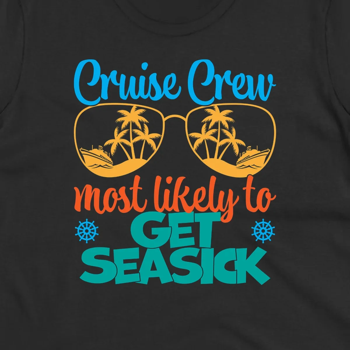 Cruise crew seasick design with sunglasses containing palm trees and ships, tropical nautical humor artwork