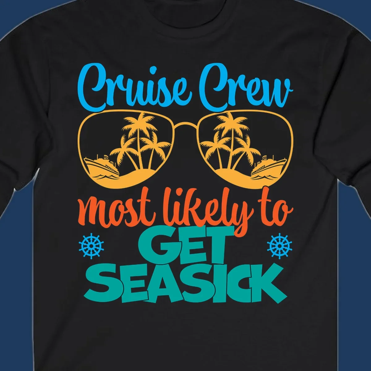 Cruise crew seasick design with sunglasses containing palm trees and ships, tropical nautical humor artwork