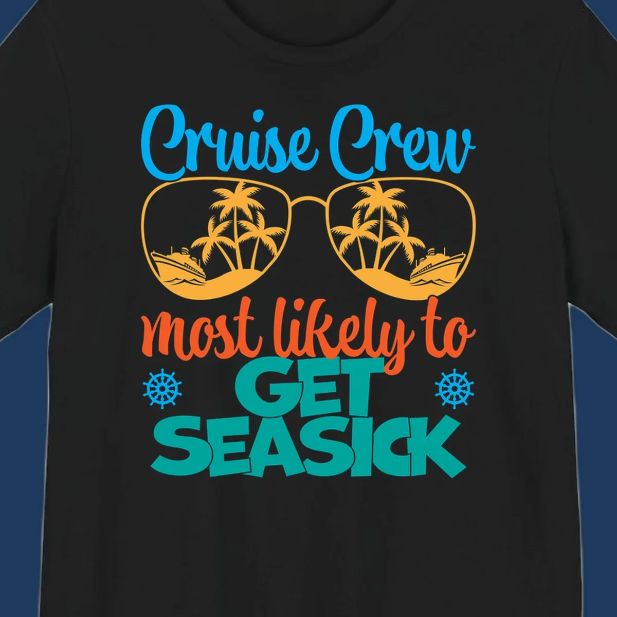 Cruise crew seasick design with sunglasses containing palm trees and ships, tropical nautical humor artwork