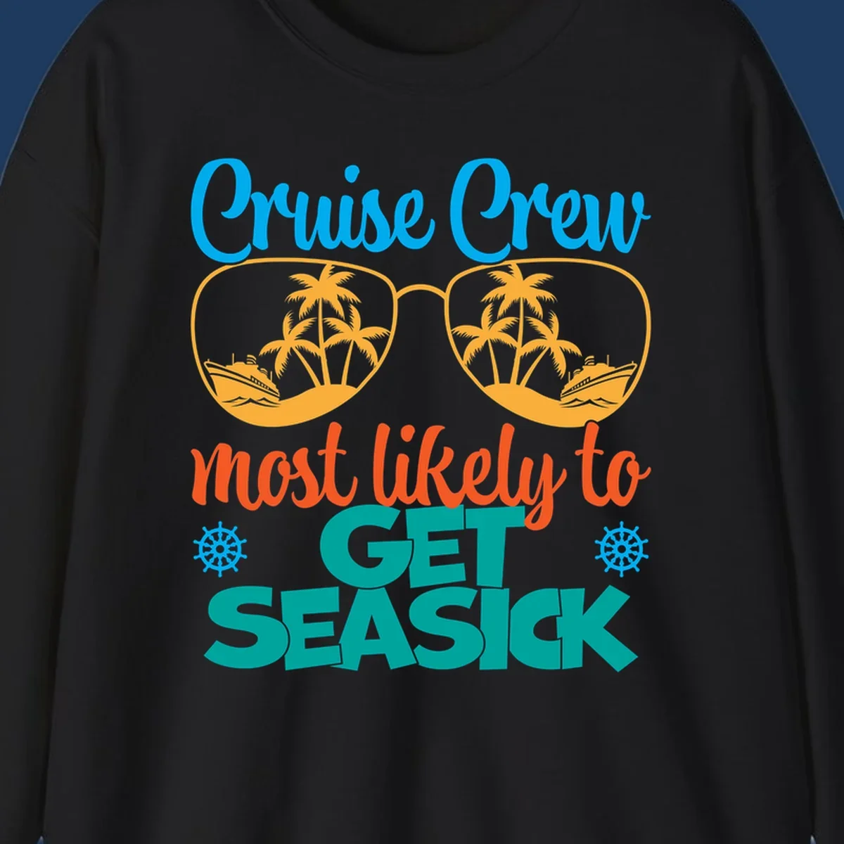Cruise crew seasick design with sunglasses containing palm trees and ships, tropical nautical humor artwork