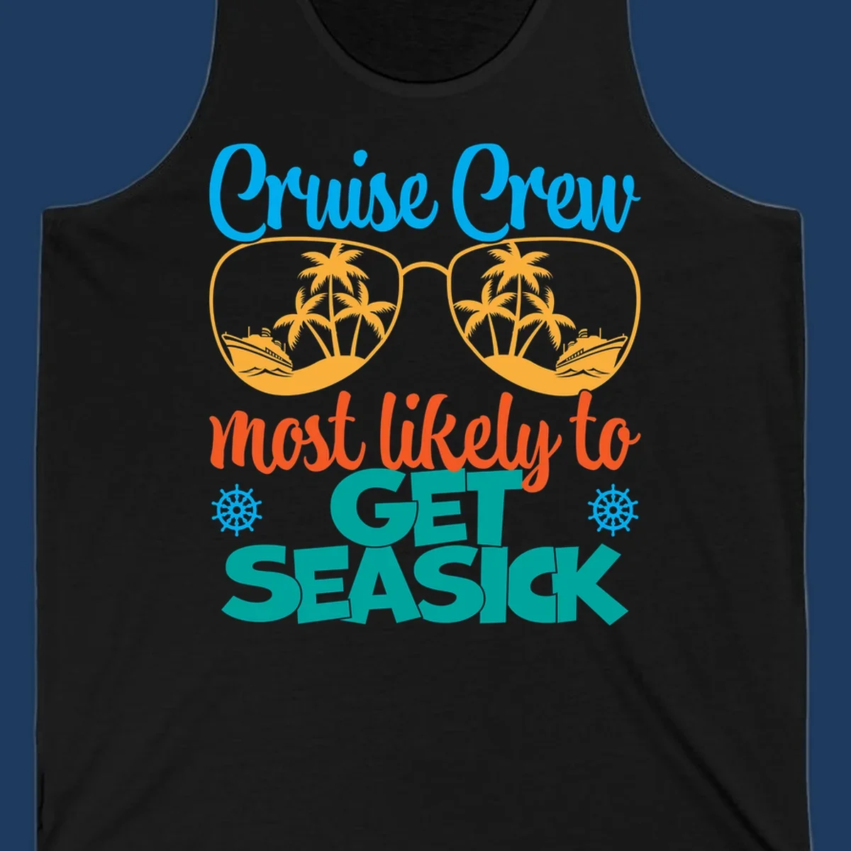 Cruise crew seasick design with sunglasses containing palm trees and ships, tropical nautical humor artwork