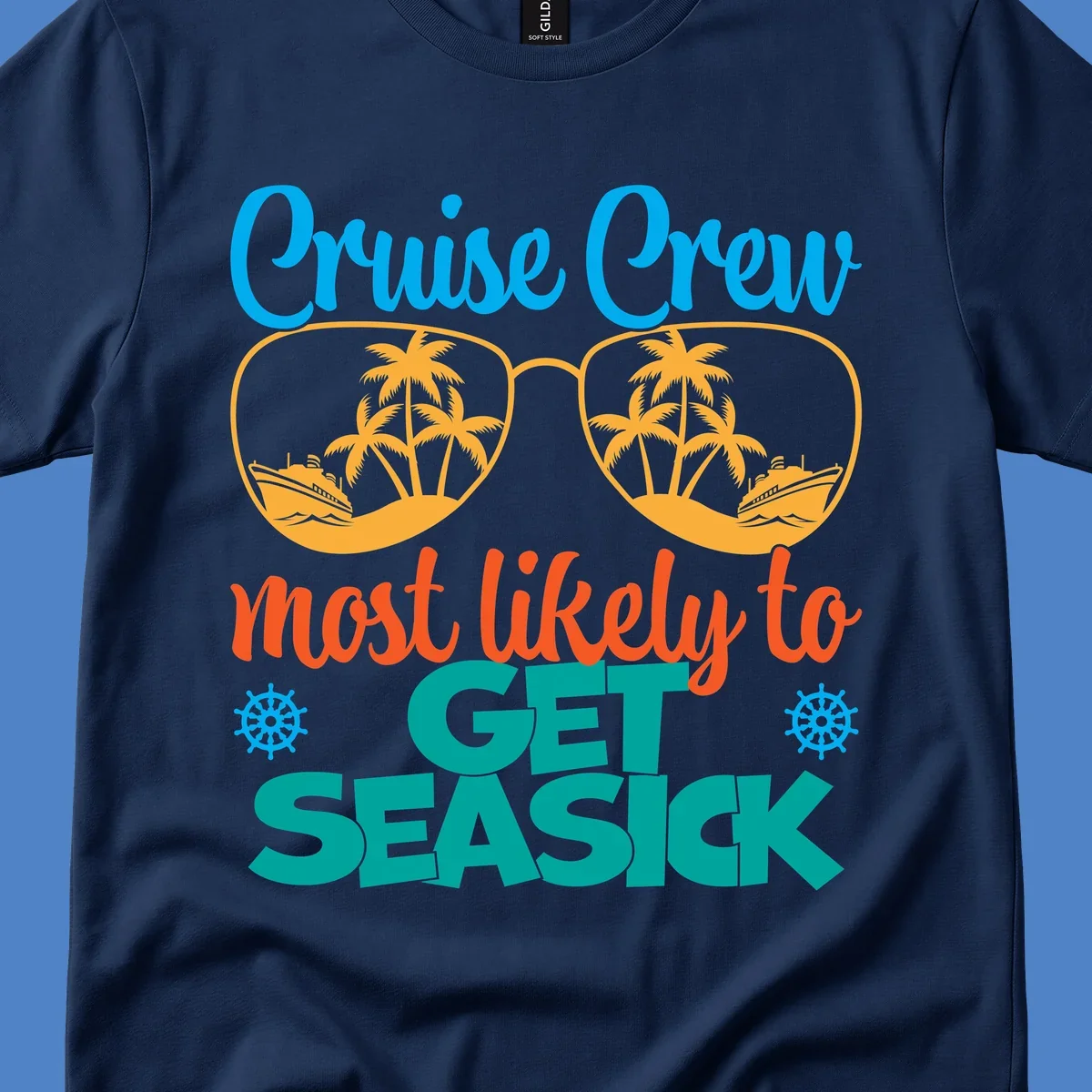 Cruise crew seasick design with sunglasses containing palm trees and ships, tropical nautical humor artwork