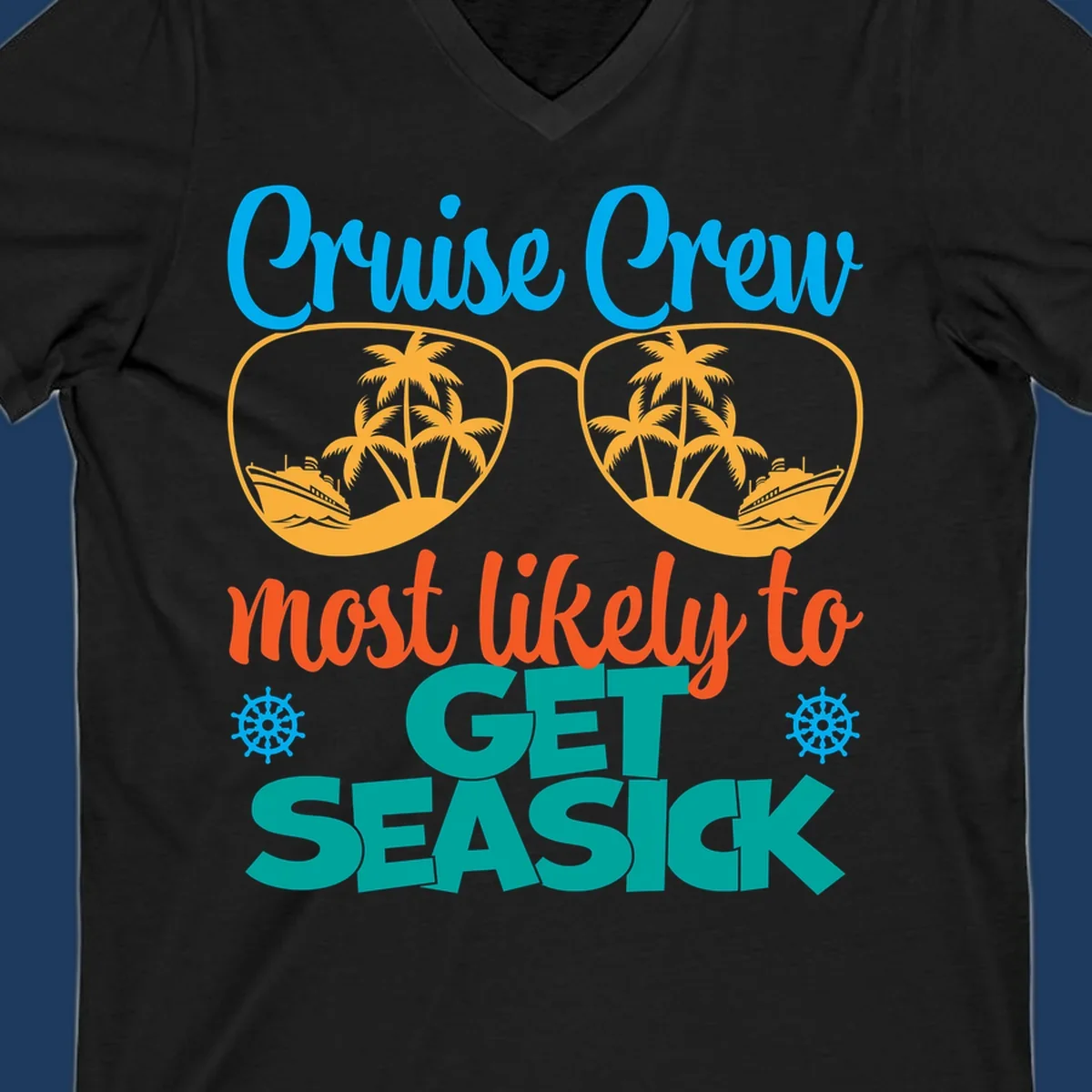 Cruise crew seasick design with sunglasses containing palm trees and ships, tropical nautical humor artwork