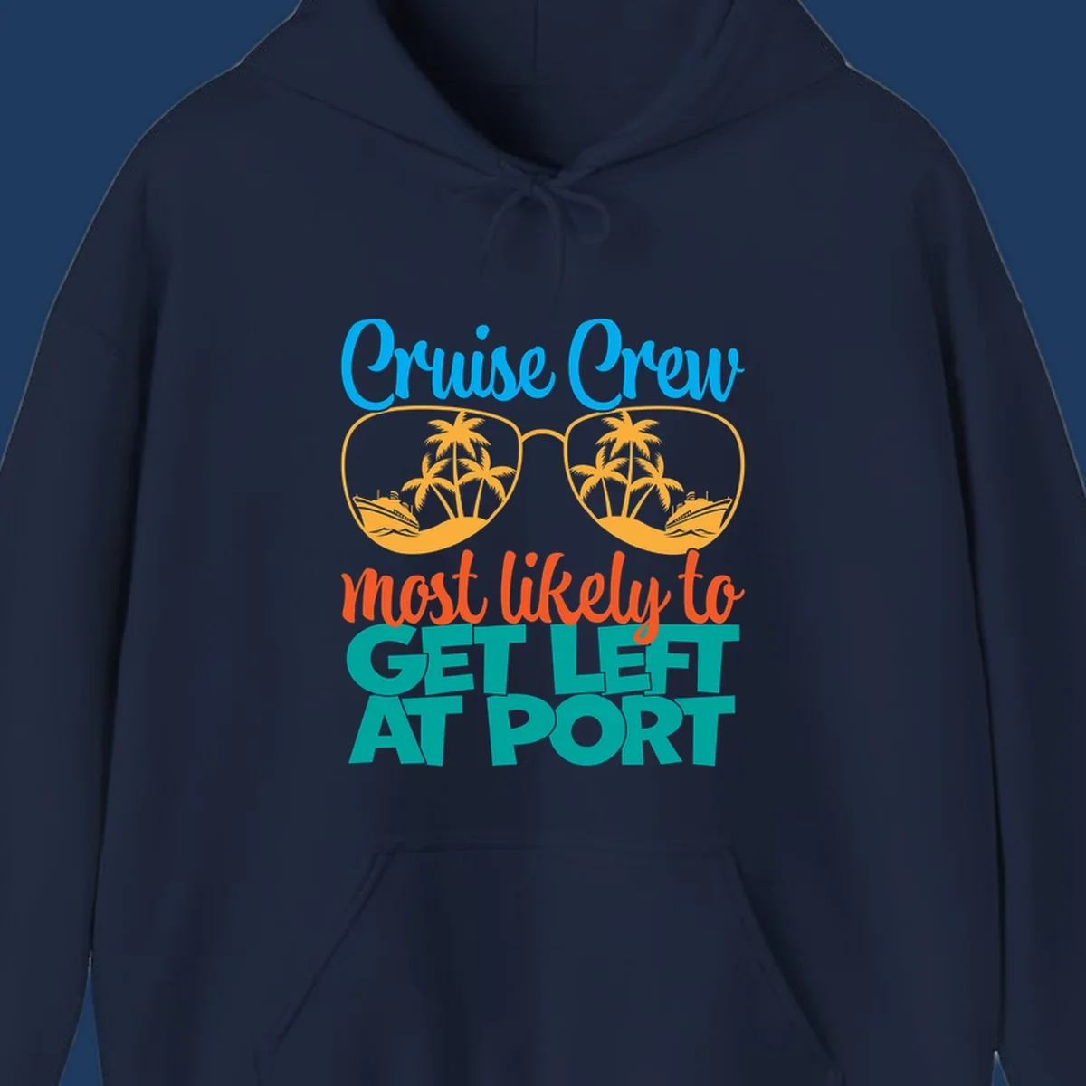 Cruise crew left at port design with sunglasses, palm trees, ships, and bold text on gray background