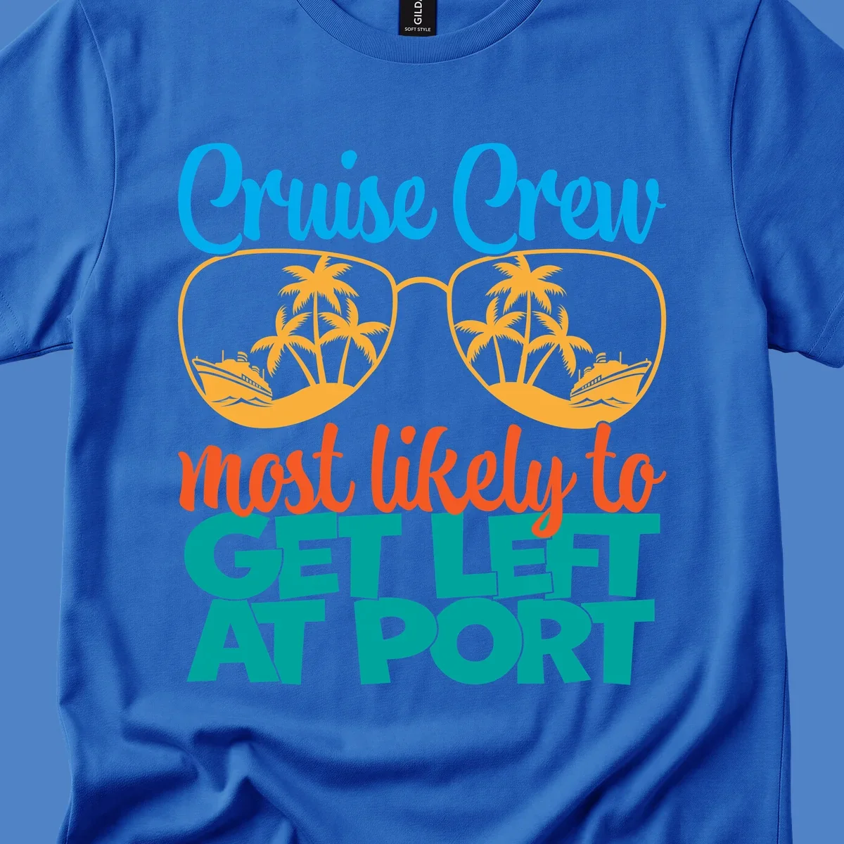 Cruise crew left at port design with sunglasses, palm trees, ships, and bold text on gray background