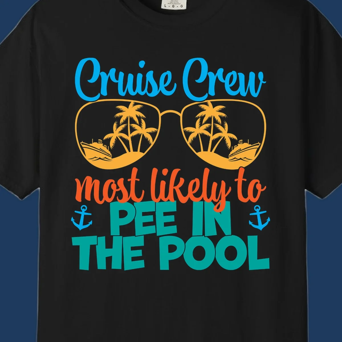 Colorful cruise crew pool humor design with sunglasses containing tropical palm trees and ships, featuring playful text about vacation antics