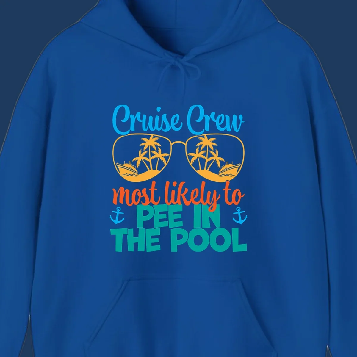 Colorful cruise crew pool humor design with sunglasses containing tropical palm trees and ships, featuring playful text about vacation antics