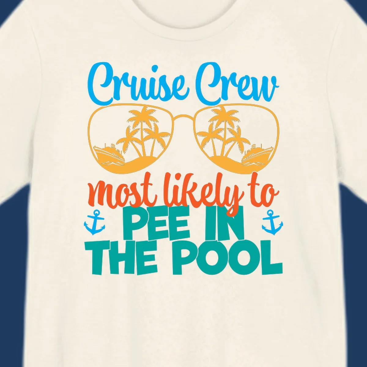 Colorful cruise crew pool humor design with sunglasses containing tropical palm trees and ships, featuring playful text about vacation antics