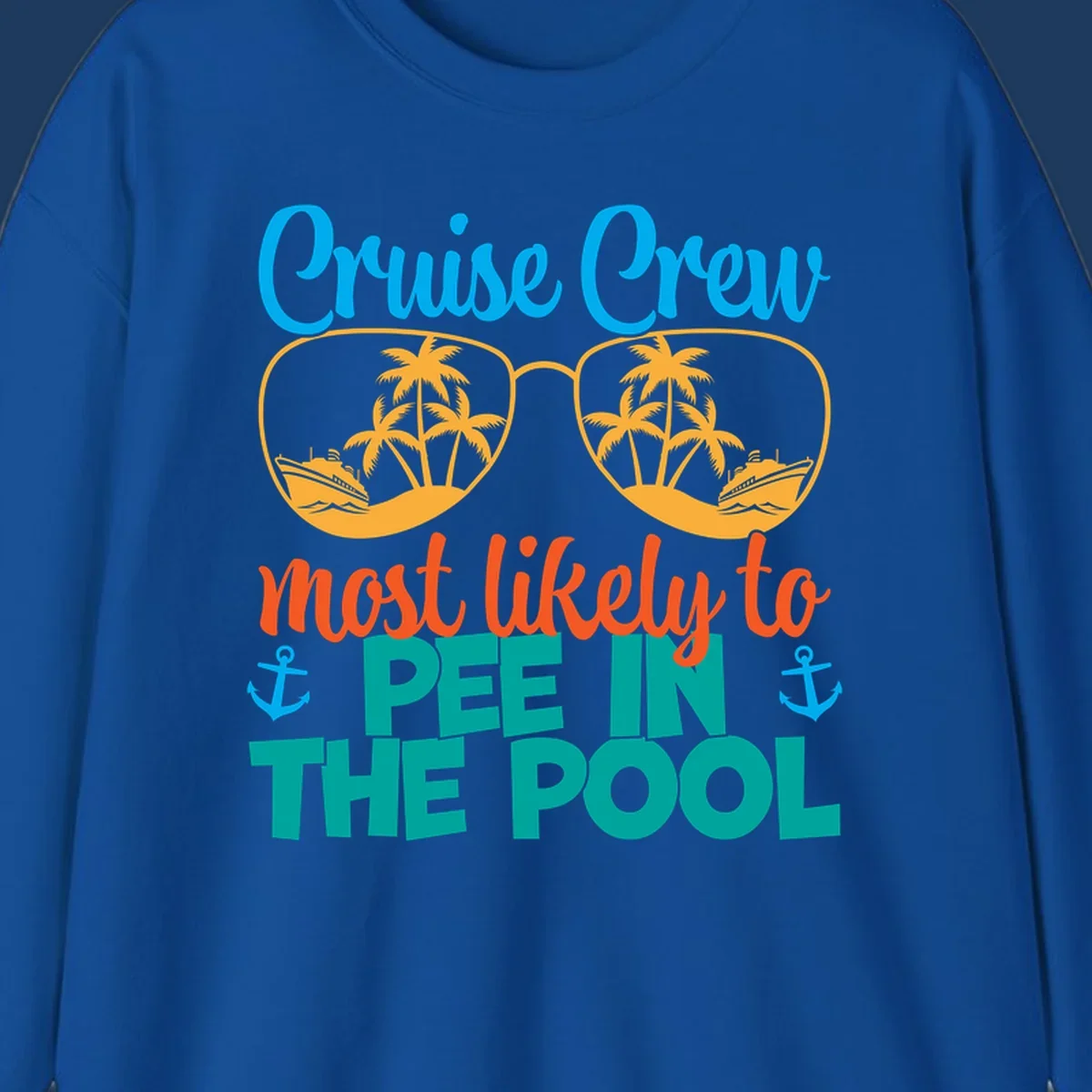 Colorful cruise crew pool humor design with sunglasses containing tropical palm trees and ships, featuring playful text about vacation antics