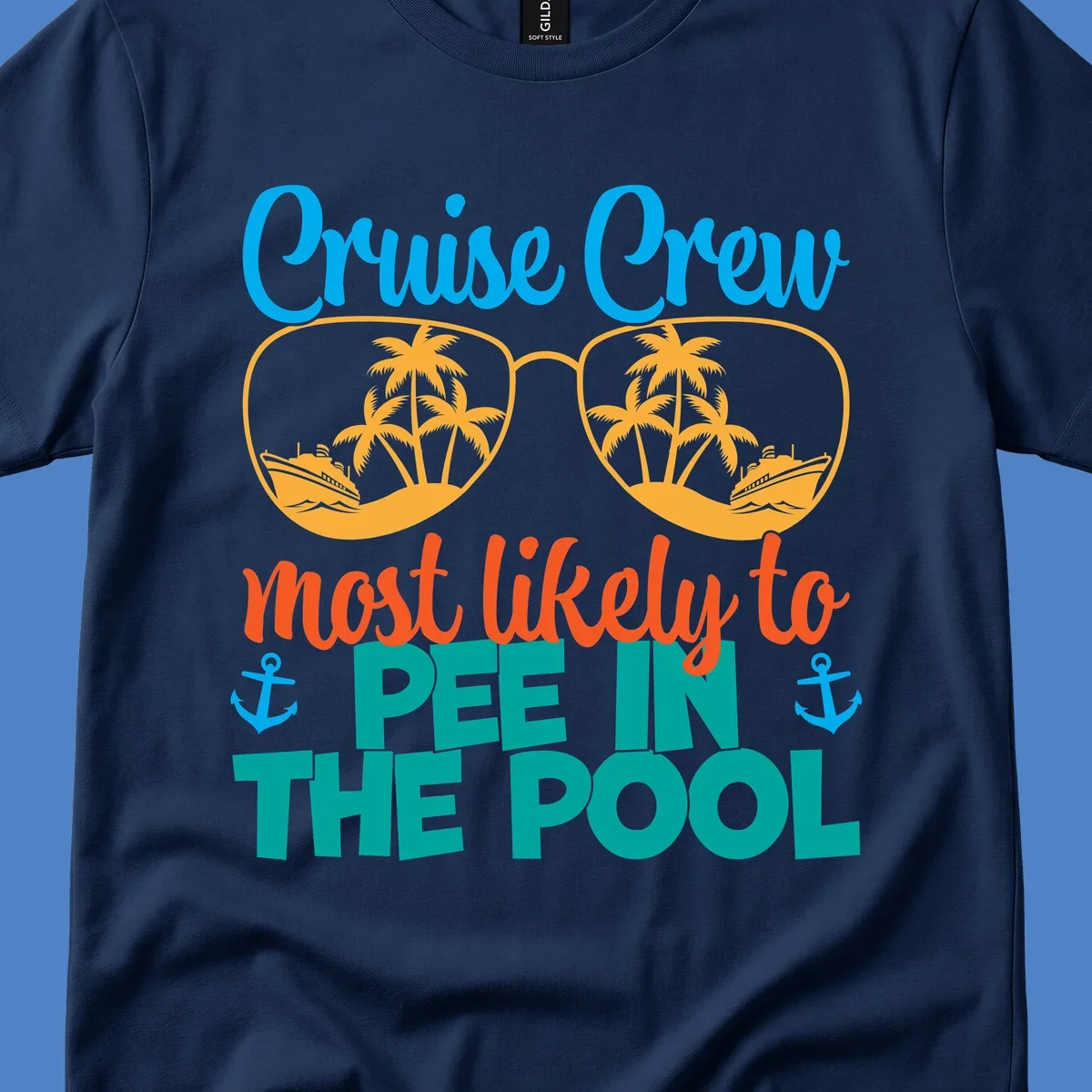 Colorful cruise crew pool humor design with sunglasses containing tropical palm trees and ships, featuring playful text about vacation antics