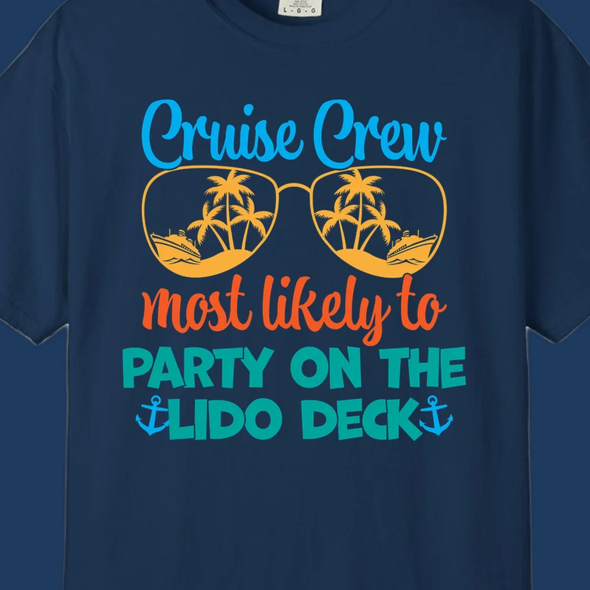 Colorful cruise crew lido deck design with sunglasses containing palm trees and ships, anchors, and playful party text