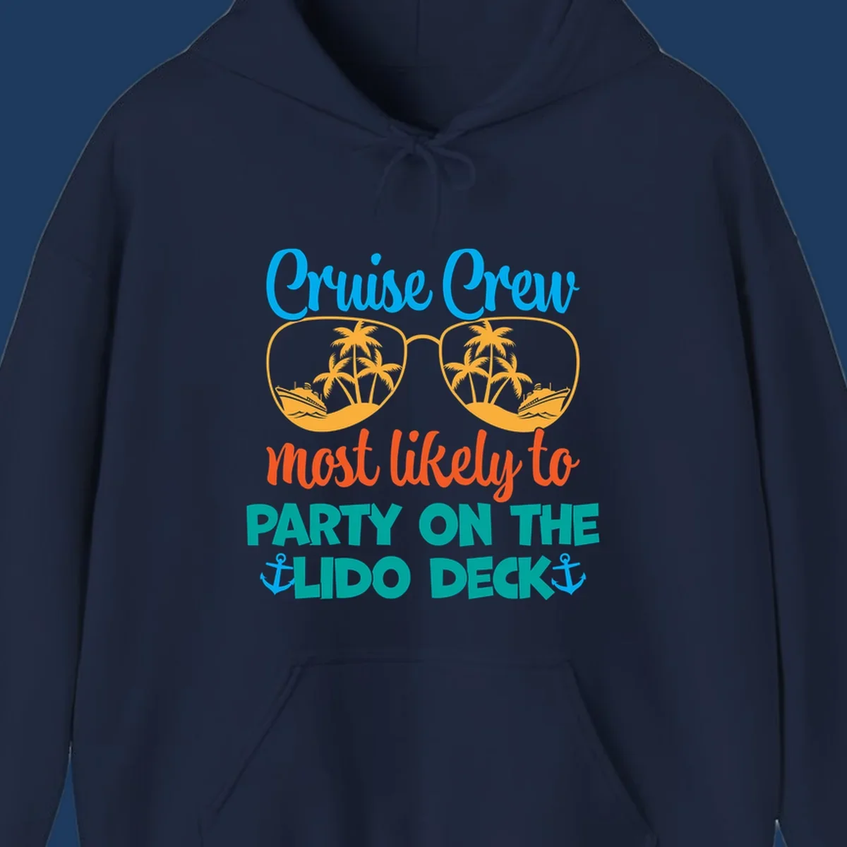 Colorful cruise crew lido deck design with sunglasses containing palm trees and ships, anchors, and playful party text