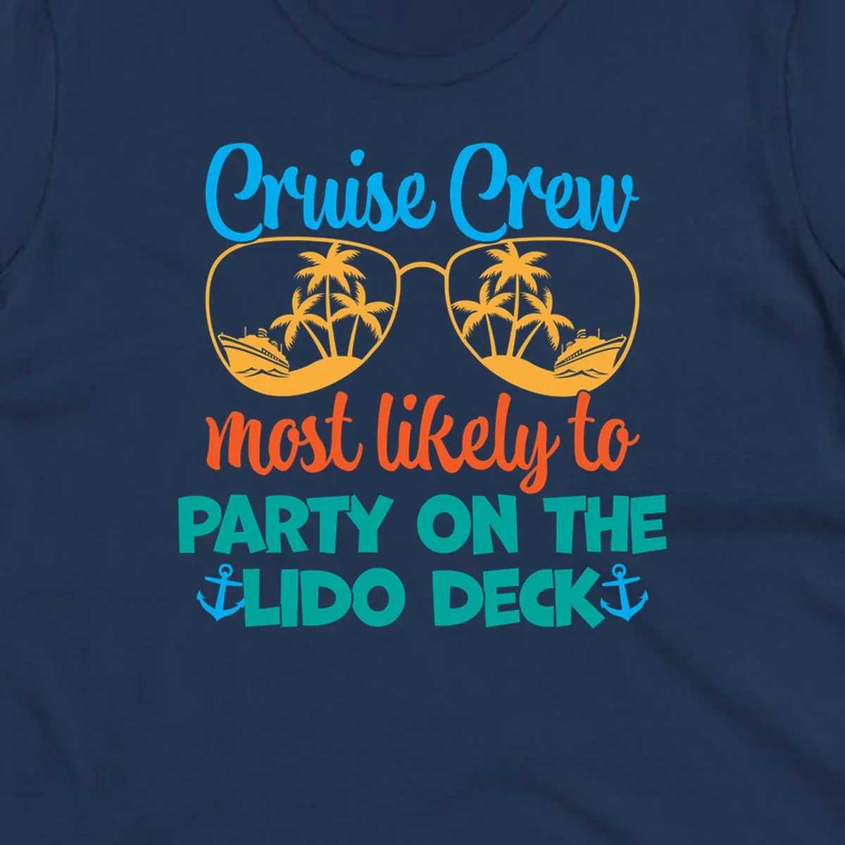 Colorful cruise crew lido deck design with sunglasses containing palm trees and ships, anchors, and playful party text