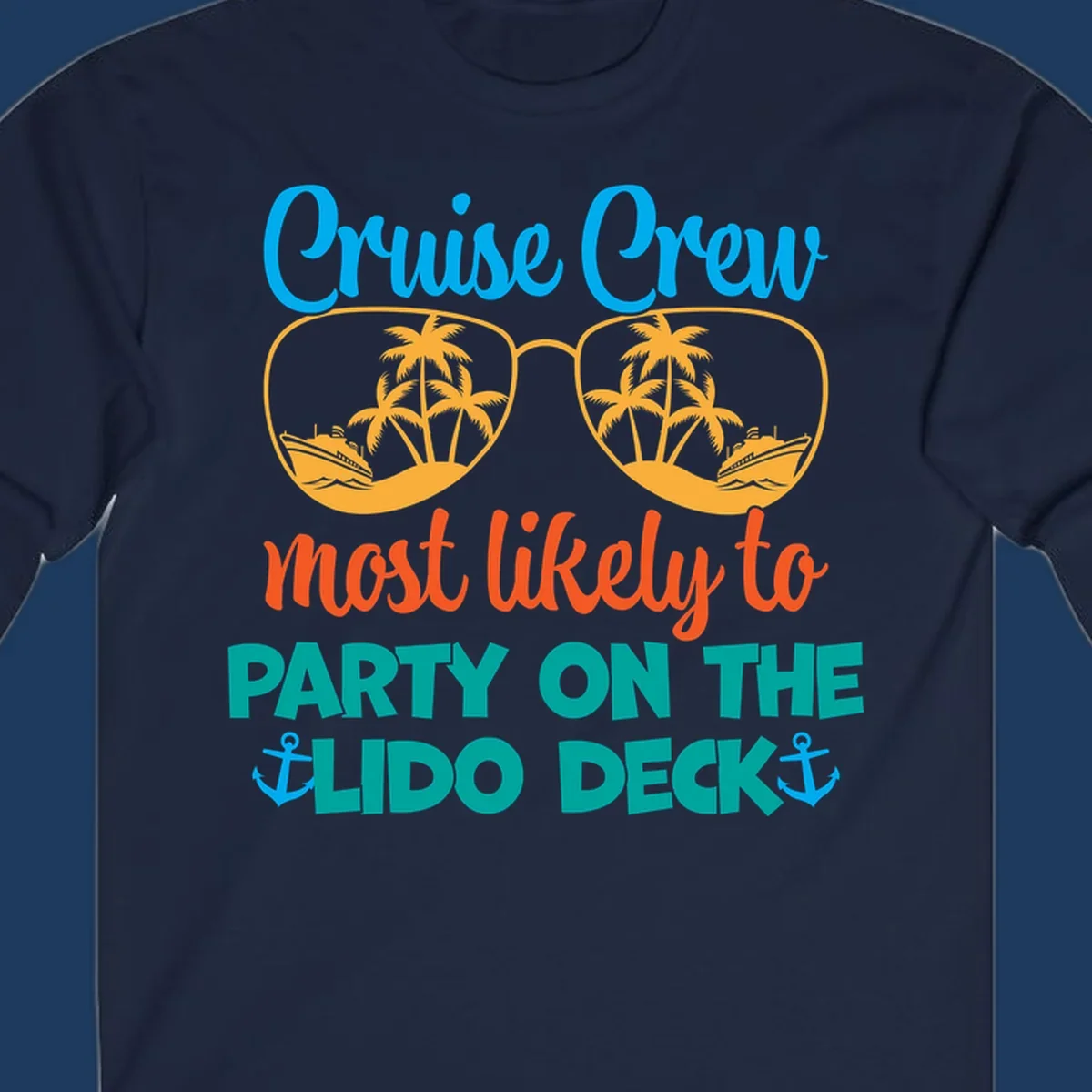 Colorful cruise crew lido deck design with sunglasses containing palm trees and ships, anchors, and playful party text