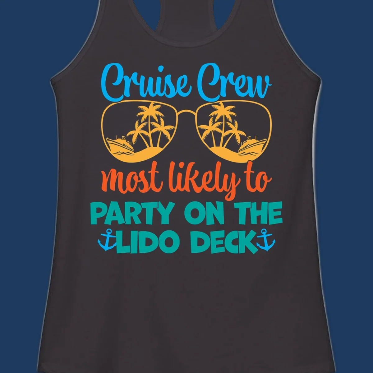 Colorful cruise crew lido deck design with sunglasses containing palm trees and ships, anchors, and playful party text