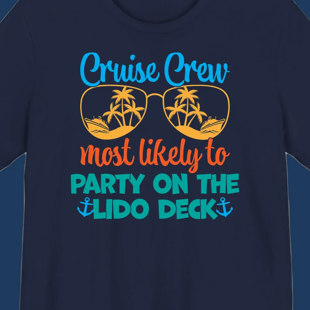 Colorful cruise crew lido deck design with sunglasses containing palm trees and ships, anchors, and playful party text