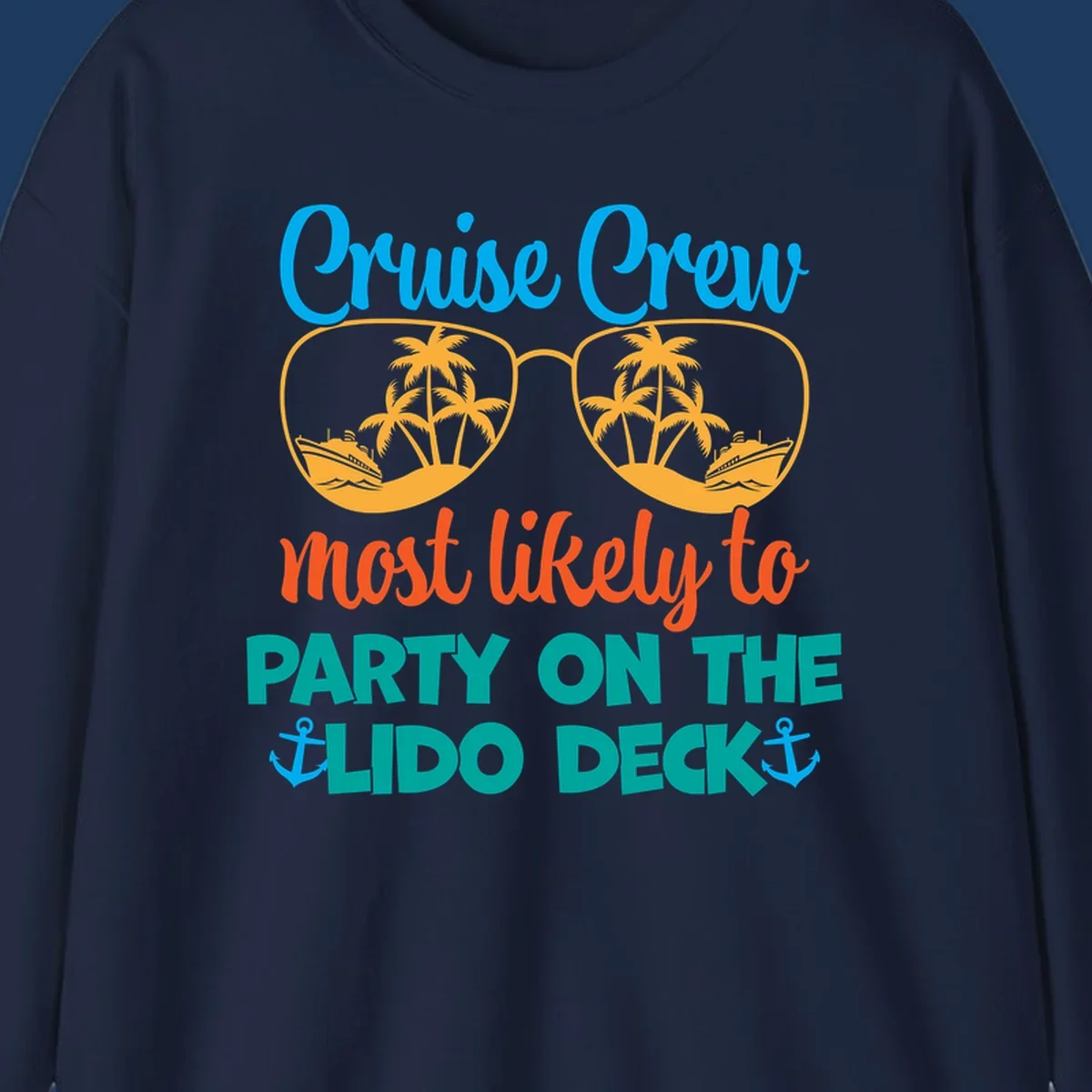 Colorful cruise crew lido deck design with sunglasses containing palm trees and ships, anchors, and playful party text