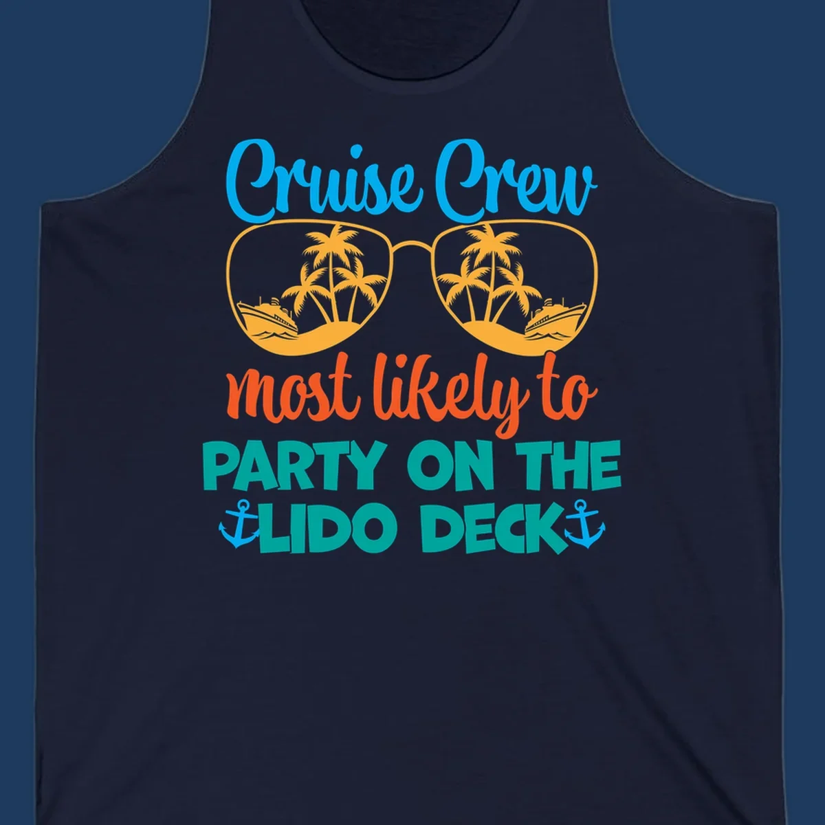 Colorful cruise crew lido deck design with sunglasses containing palm trees and ships, anchors, and playful party text